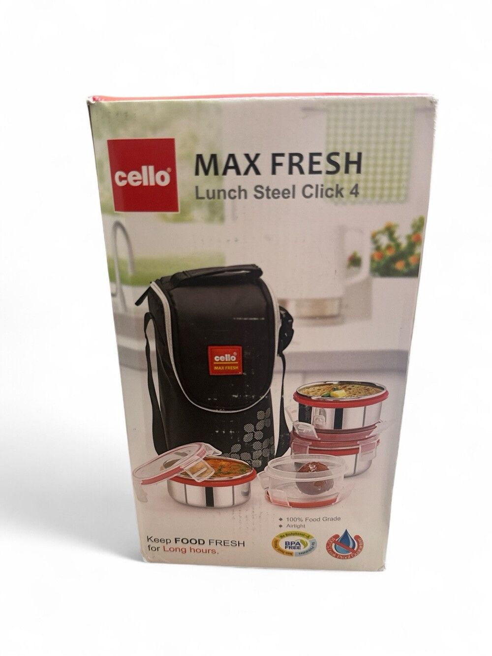 NEW Cello Max Fresh Click Steel Leakproof Lunch Box Set with Bag 4 Containers